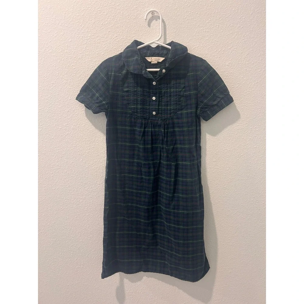 Lands End Kids Blue Green Plaid Pintuck Bib Peter Pan Collar Dress Size 7
